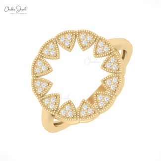 Round Cut Sun Starbust Ring With 0.9mm White Diamond Handmade Rings In 14k Real Gold