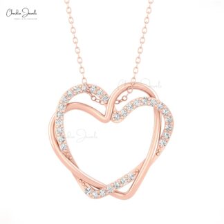 Double Heart Pendant With 0.48 Ct G-H Diamond Pave Set In 14k Real Gold Open Necklace