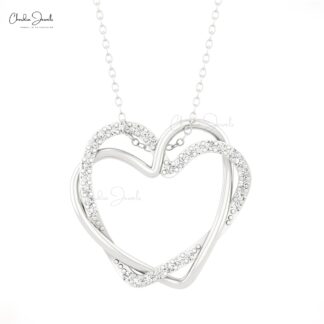 Double Heart Pendant With 0.48 Ct G-H Diamond Pave Set In 14k Real Gold Open Necklace