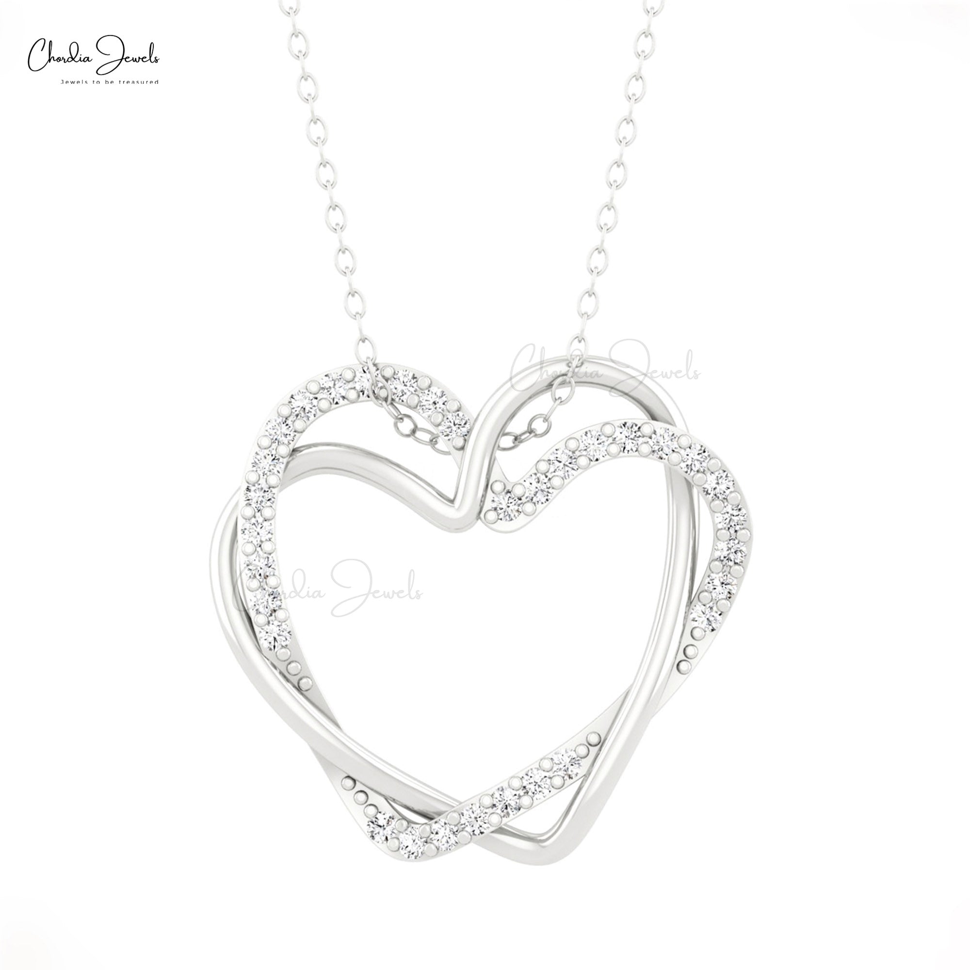 Double Heart Pendant With 0.48 Ct G-H Diamond Pave Set In 14k Real Gold Open Necklace