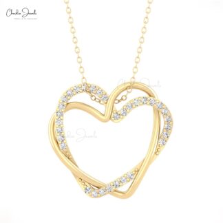 Double Heart Pendant With 0.48 Ct G-H Diamond Pave Set In 14k Real Gold Open Necklace