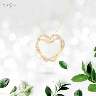 Double Heart Pendant With 0.48 Ct G-H Diamond Pave Set In 14k Real Gold Open Necklace