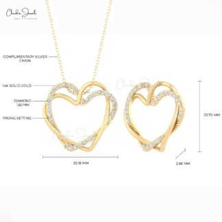 Double Heart Pendant With 0.48 Ct G-H Diamond Pave Set In 14k Real Gold Open Necklace
