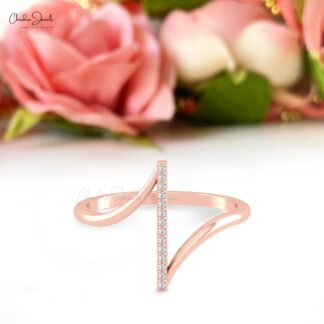 Dainty Diamond Bar Ring In Real 14k Gold White Diamond Pave Set Hallmarked Rings
