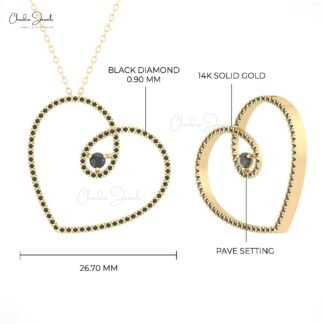 Eternity Heart Shape Necklace With 3mm Black Diamond Open Love Necklaces In 14k Real Gold