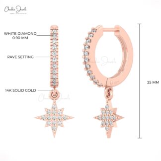 Pure 14k Gold North Star Hoops With 0.31 Ct White Diamond Latch Back Earrings For Her