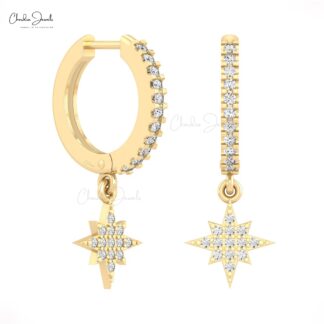 Pure 14k Gold North Star Hoops With 0.31 Ct White Diamond Latch Back Earrings For Her