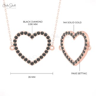Eternity Heart Shape Necklace With 2mm Black Diamond Open Minimal Necklace In 14k Gold
