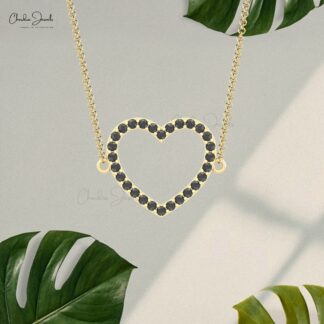 Eternity Heart Shape Necklace With 2mm Black Diamond Open Minimal Necklace In 14k Gold