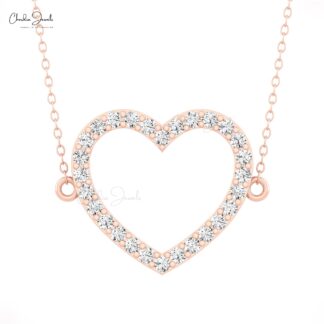 Open Heart Women Necklace In 14k Pure Gold White Diamond Pave Set Chain Necklaces