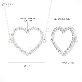 Open Heart Women Necklace In 14k Pure Gold White Diamond Pave Set Chain Necklaces