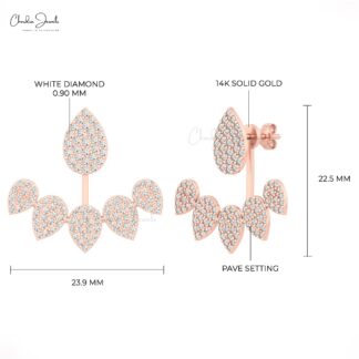 Detachable Cluster Stud With 1.20mm White Diamond 14k Real Gold Cuff Earrings For Her