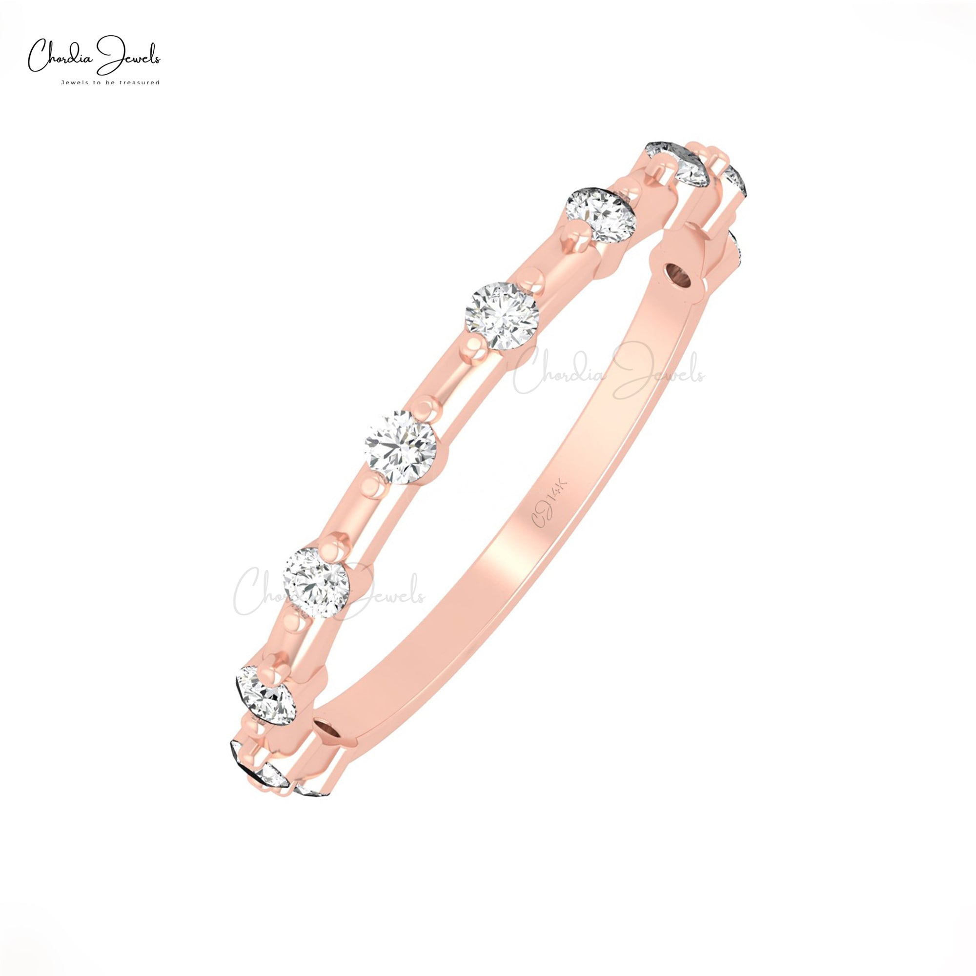 Round Cut Stackable Band With 2mm G-H Diamond Prong Set In 14k Pure Gold Minimal Ring