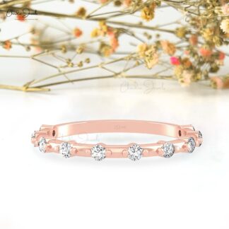 Round Cut Stackable Band With 2mm G-H Diamond Prong Set In 14k Pure Gold Minimal Ring