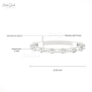 Round Cut Stackable Band With 2mm G-H Diamond Prong Set In 14k Pure Gold Minimal Ring