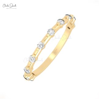 Round Cut Stackable Band With 2mm G-H Diamond Prong Set In 14k Pure Gold Minimal Ring