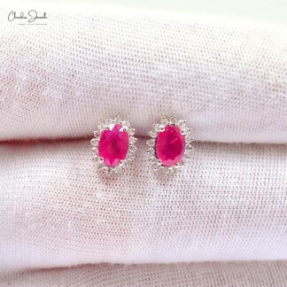 Genuine Ruby Solitaire Earrings with Diamond Halo in 14k White Gold Wedding Gift
