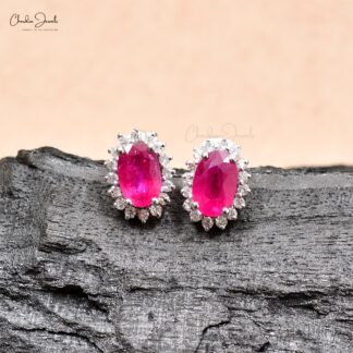 Genuine Ruby Solitaire Earrings with Diamond Halo in 14k White Gold Wedding Gift
