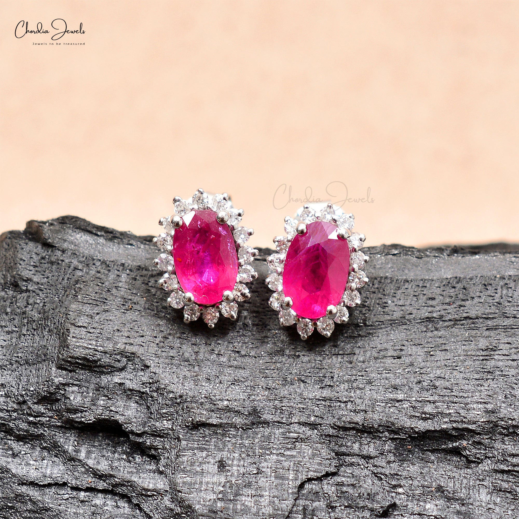 Genuine Ruby Solitaire Earrings with Diamond Halo in 14k White Gold Wedding Gift