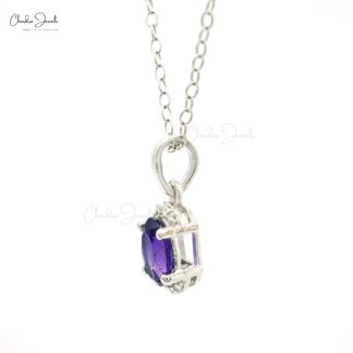 Dangle Diamond Pendant With 7x5mm Natural Amethyst 14k White Gold Half Halo Pendant