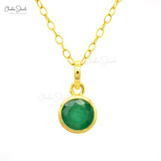 Round Emerald Single Stone Charm Pendant In 14k Real Gold