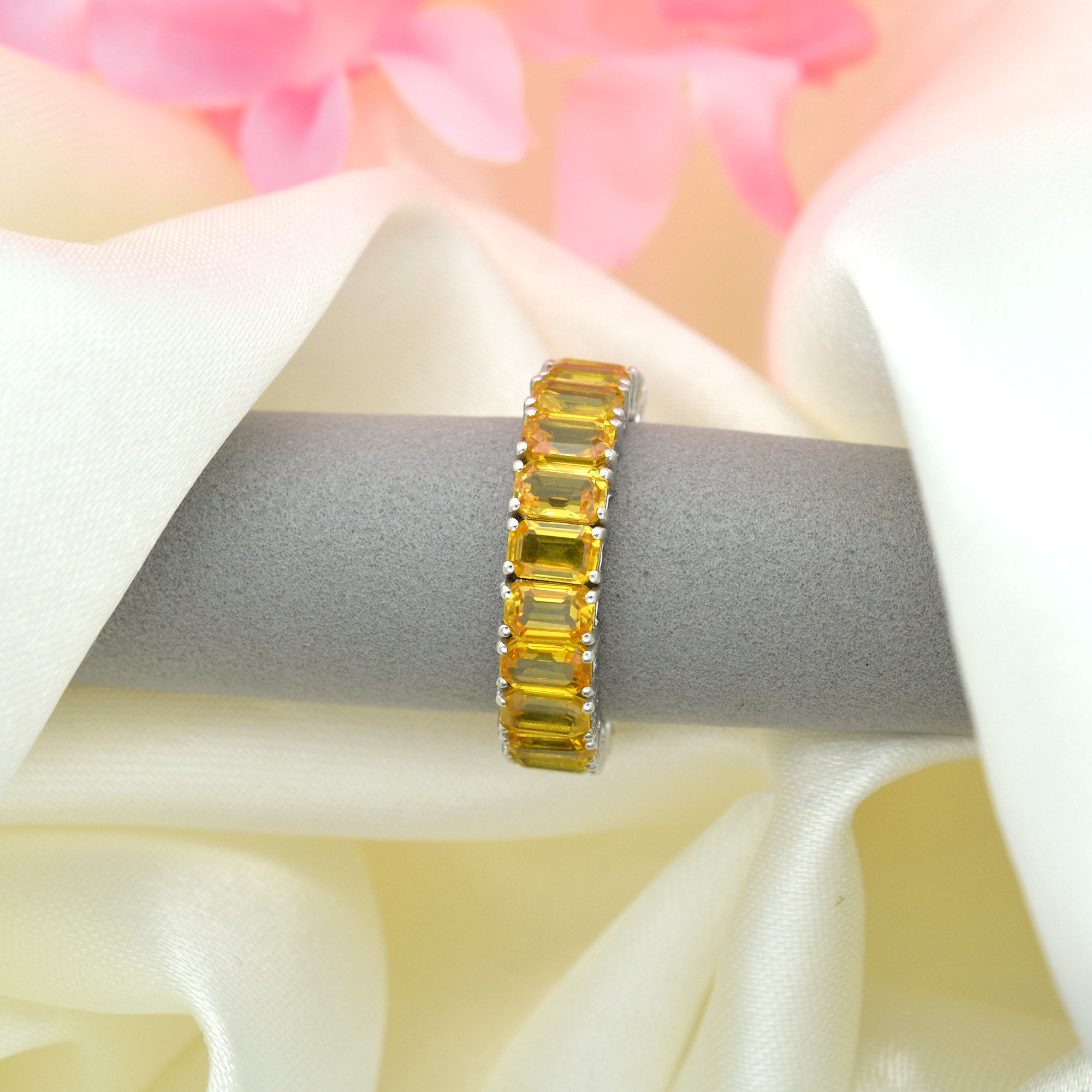 Genuine Yellow Sapphire Eternity Ring in Real 14k White Gold Band Valentine’s Day Gift