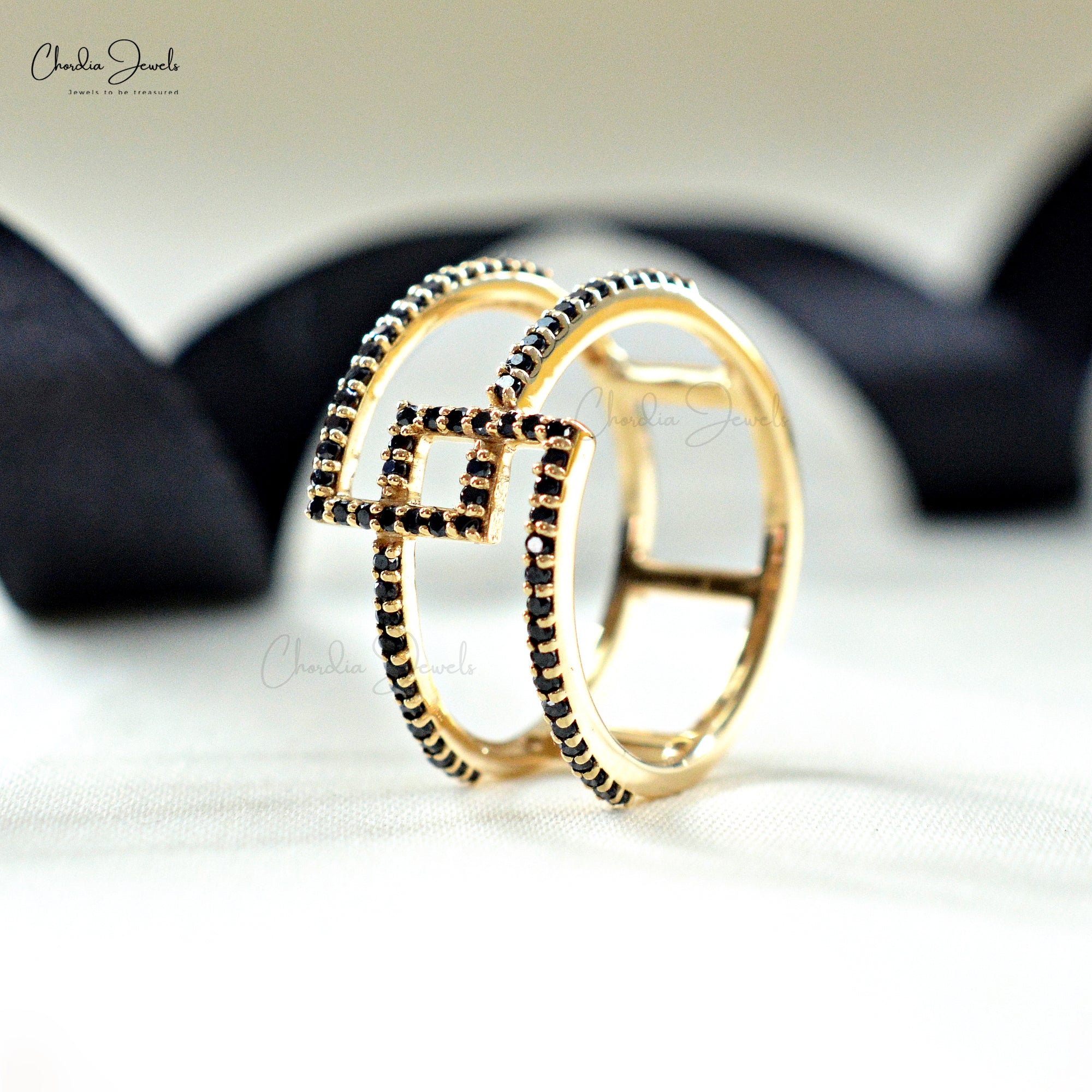 Round Black Diamond Bypass Ring With Real 14k Yellow Gold Hallmark Stack Band Rings