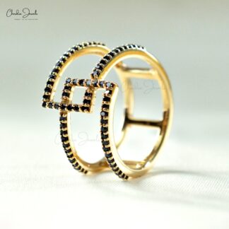 Round Black Diamond Bypass Ring With Real 14k Yellow Gold Hallmark Stack Band Rings