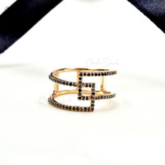 Round Black Diamond Bypass Ring With Real 14k Yellow Gold Hallmark Stack Band Rings