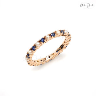 Eternity Stacking Band With 2mm Blue Sapphire And Pearl Pave Set In 14k Rose Gold Ring