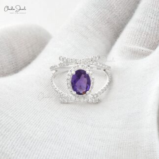 Natural Amethyst Halo Ring High Quality 925 Sliver Double Shank Ring 8X6MM Oval Cut Gemstone Ring