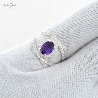 Natural Amethyst Halo Ring High Quality 925 Sliver Double Shank Ring 8X6MM Oval Cut Gemstone Ring
