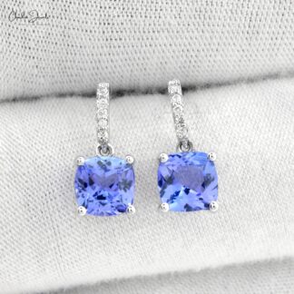 Natural Tanzanite & Diamond Dangle Earrings 6mm Cushion Cut Gemstone Art Deco Earrings 14k Real White Gold Handmade Jewelry