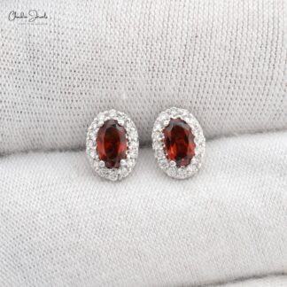 Classic Design Genuine Red Garnet Oval Shape Halo Stud Earrings Studded With White Diamonds Real 14k White Gold Jewelry Gift For Wife