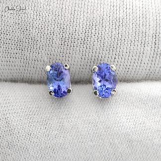 Natural Tanzanite Solitaire Earrings In Real 14k White Gold Oval 6x4mm Gemstone Jewelry
