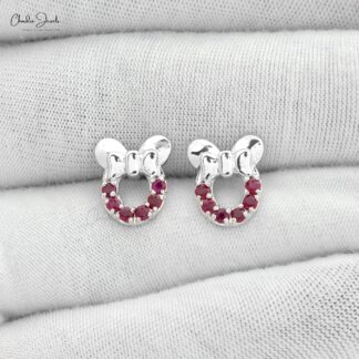Beautiful Cartoon Mickey Mouse Stud Earrings Natural Red Ruby Gemstone Studs in 14k Real White Gold Fine Jewelry For Gift