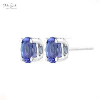 Natural Tanzanite Solitaire Earrings In Real 14k White Gold Oval 6x4mm Gemstone Jewelry