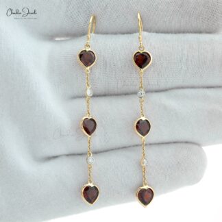 Heart Cut Natural Red Garnet Dangling Earring in 14k Solid Yellow Gold