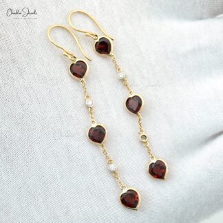 Heart Dangle Earring In 14k Yellow Gold Red Garnet And Diamond Ear Wire Wedding Earrings