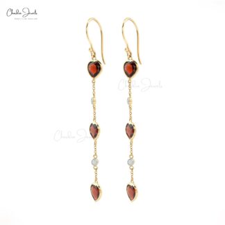 Heart Dangle Earring In 14k Yellow Gold Red Garnet And Diamond Ear Wire Wedding Earrings