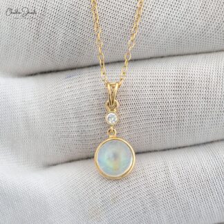 Round Rainbow Moonstone Dangling Pendant In Pure 14k Yellow Gold Diamond Fine Jewelry