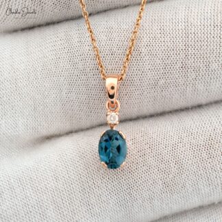 Dangle Diamond Pendant In 14k Real Gold London Blue Topaz 7x5mm Gemstone Pendant