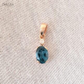 Dangle Diamond Pendant In 14k Real Gold London Blue Topaz 7x5mm Gemstone Pendant