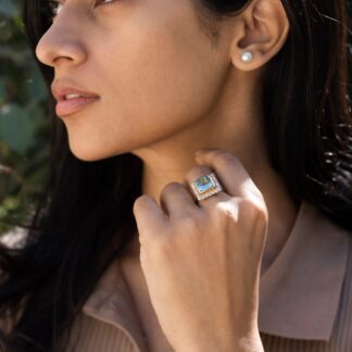 Natural Aquamarine Sugarloaf Halo Ring With 14k Yellow Gold Diamond Accents Ring Size 7