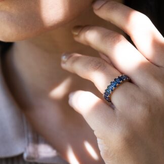 Solid 14k Yellow Gold Eternity Band In 6.19 Ct Blue Sapphire Handmade Ring Size US7.5