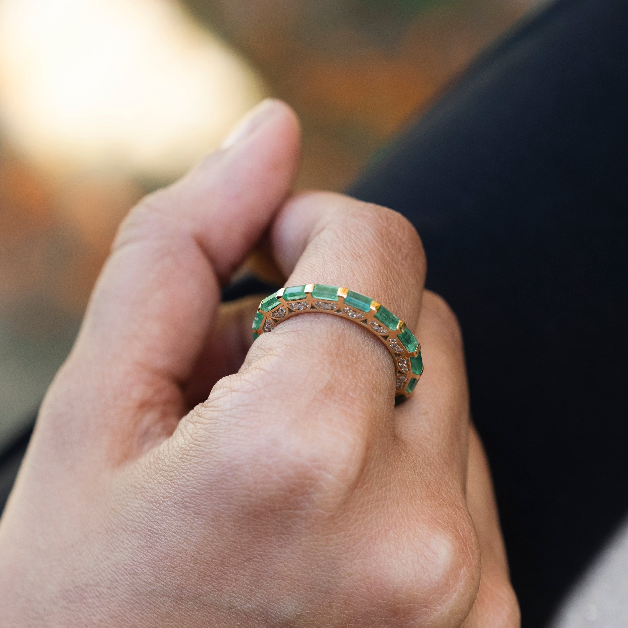 Baguette Emerald Eternity Band In 14k Yellow Gold IGI Certified Gemstone Bridal Ring