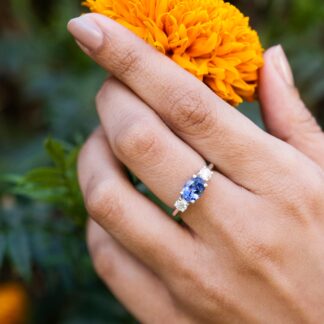 IGI Certified 3 Stone Ring In 14k White Gold Oval Tanzanite Diamond Proposal Rings