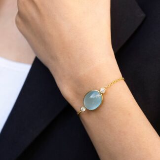 Three Stone Chain Bracelet With 12.63 Ct Aquamarine & Diamond 14k Yellow Gold Bracelets