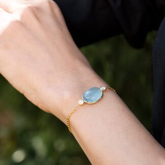 Three Stone Chain Bracelet With 12.63 Ct Aquamarine & Diamond 14k Yellow Gold Bracelets