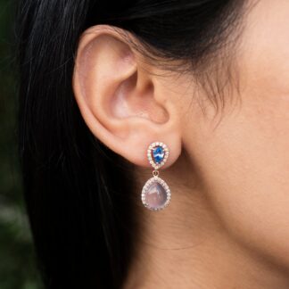 Pear Shape Dangle Earring In 14k Rose Gold Tanzanite & Rose Quartz Halo Diamond Earrings